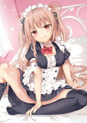 Rule 34 | 1girl, alternate costume, apron, black dress, black thighhighs, bow, bowtie, choker, commentary, dress, frills, hair between eyes, kantai collection, light brown hair, long hair, looking at viewer, maid, maid apron, maid headdress, murasame (kancolle), on bed, puffy short sleeves, puffy sleeves, red bow, red bowtie, red eyes, ribbon, short sleeves, sitting, solo, spread legs, sugisaki yuu, thighhighs, tongue, tongue out, twintails, two side up