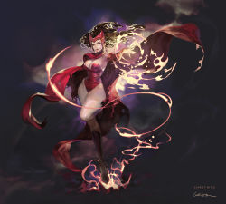 Rule 34 | 1girl, avengers (series), breasts, brown eyes, brown hair, cape, character name, charging energy, cleavage, floating, floating hair, full body, highres, large breasts, legs, leotard, letta, looking at viewer, magic, marvel, open hand, scarlet witch, solo, thick thighs, thighs, wanda maximoff