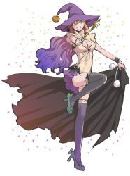 Rule 34 | 1girl, bat (animal), breasts, cape, cleavage, cleavage cutout, clothing cutout, confetti, cuvie, food-themed hair ornament, food themed hair ornament, gradient eyes, hair ornament, halloween, hat, high heels, large breasts, long hair, looking at viewer, magical girl, multicolored eyes, multicolored hair, orange hair, original, pumpkin, pumpkin hair ornament, purple hair, smile, solo, thighhighs, wand, witch, witch hat, yellow eyes