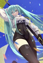 Rule 34 | 1girl, aqua eyes, aqua hair, asymmetrical bodysuit, black bodysuit, blush, bodysuit, boots, breasts, closed mouth, commentary, confetti, covered navel, crop top, crop top overhang, cropped jacket, flag, flagpole, flame print, from below, gloves, goodsmile company, green gloves, haruwo, hatsune miku, highres, holding, holding flag, holding pole, long hair, looking at viewer, medium breasts, pole, racing miku, racing miku (2022), revision, single thigh boot, sky, smile, smiley face, solo, thigh boots, thighhighs, twintails, very long hair, vocaloid