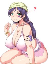 Rule 34 | 10s, 1girl, ass, bad id, bad pixiv id, bare shoulders, blush, breasts, cleavage, green eyes, heart, highres, huge breasts, jewelry, looking at viewer, love live!, love live! school idol project, moisture (chichi), natsuiro egao de 1 2 jump!, necklace, plump, purple hair, simple background, smile, solo, thick thighs, thighs, tojo nozomi, twintails, white background