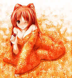 Rule 34 | 00s, 1girl, alcohol, bare shoulders, blush, breasts, brown eyes, camouflage, cleavage, dress, drunk, japanese clothes, kimono, kousaka tamaki, large breasts, long hair, long sleeves, one eye closed, orange background, orange dress, orange theme, red hair, red theme, sake, solo, to heart (series), to heart 2, wink
