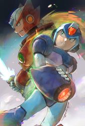 Rule 34 | 2boys, absurdres, chromatic aberration, closed mouth, diffraction spikes, energy sword, glitch, green eyes, helmet, highres, holding, holding sword, holding weapon, ikuyoan, long hair, male focus, mega man (series), x (mega man), mega man x (series), multiple boys, parted lips, robot, signature, sword, weapon, zero (mega man)