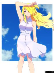 Rule 34 | 1girl, alternate costume, arm over head, arm up, armpits, blonde hair, blue sky, breasts, buttons, clothes lift, cloud, collared dress, creatures (company), cynthia (pokemon), day, dress, dress lift, game freak, grey eyes, hair ornament, highres, long hair, madoka (user zrnk8278), nintendo, pokemon, pokemon dppt, sky, solo, standing, white dress, wind, wind lift