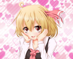 Rule 34 | 1girl, ahoge, blonde hair, blush, bow, embodiment of scarlet devil, fang, female focus, hair ribbon, hands on own cheeks, hands on own face, heart, nekotama shun, open mouth, red eyes, ribbon, rumia, short hair, smile, solo, symbol-shaped pupils, touhou