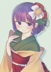 Rule 34 | 1girl, bad hands, blunt bangs, blush, closed mouth, collarbone, commentary request, darake neko0, drop shadow, expressionless, flower, frills, from above, green robe, hair flower, hair ornament, hand on own chest, hand up, hieda no akyuu, highres, lily (flower), looking at viewer, obi, pinky out, purple eyes, purple hair, robe, sash, short hair, signature, simple background, solo, tareme, touhou, upper body, upturned eyes, white background, white flower, wide sleeves