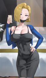 Rule 34 | 1girl, adapted costume, alternate costume, android 18, bed, black dress, black mask, blonde hair, blue eyes, blue jacket, blunt ends, breasts, cellphone, cleavage, collarbone, covered navel, cropped jacket, dongtan dress, dragon ball, dragonball z, dress, forehead, hand on own hip, highres, holding, holding phone, hood (james x), indoors, jacket, large breasts, light smile, looking at viewer, mask, mask pull, meme attire, mouth mask, phone, short hair, single bare shoulder, solo, standing, taut clothes, taut dress