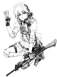 Rule 34 | 1girl, assault rifle, between fingers, braid, elbow pads, female focus, gloves, greyscale, gun, headset, henshako, holding, izayoi sakuya, knee pads, knife, laser sight, load bearing vest, m16, m16a4, magazine (weapon), maid headdress, military operator, monochrome, ribbon, rifle, scope, short hair, simple background, sketch, solo, throwing knife, touhou, twin braids, vertical forward grip, weapon