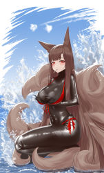 Rule 34 | 1girl, absurdres, akagi (azur lane), animal ears, azur lane, bikini, black bikini, black bodysuit, blue sky, blunt bangs, blush, bodysuit, bodysuit under clothes, breasts, brown hair, closed mouth, covered navel, day, fox ears, fox girl, fox tail, front-tie bikini top, front-tie top, highres, ichikushi mojibake, large breasts, layered bikini, long hair, looking at viewer, mouth hold, multiple tails, on one knee, outdoors, popsicle stick, red bikini, red eyes, red ribbon, ribbon, scrunchie, side-tie bikini bottom, skindentation, sky, solo, straight hair, swimsuit, tail, very long hair, wrist scrunchie