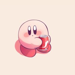 Rule 34 | amedama (akaki 4207), black eyes, blush stickers, can, drink can, expressionless, highres, holding, holding can, kirby, kirby (series), nintendo, no humans, shadow, simple background, soda can, yellow background