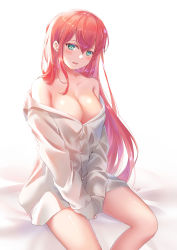 Rule 34 | 1girl, bare shoulders, bed, blush, breasts, cleavage, collared shirt, highres, large breasts, long hair, looking at viewer, naked shirt, open mouth, original, red hair, sebu illust, shirt, simple background, sitting, solo, thighs, very long hair, white background
