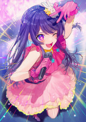Rule 34 | 1girl, absurdres, commentary request, dress, frilled dress, frills, gloves, hair ornament, highres, hoshino ai (oshi no ko), idol, long hair, microphone, negimapurinn, one eye closed, open mouth, oshi no ko, pink dress, pink gloves, purple eyes, purple hair, rabbit hair ornament, solo, star-shaped pupils, star (symbol), symbol-shaped pupils, teeth, v