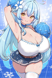 Rule 34 | 1girl, ahoge, alternate breast size, armpits, blue hair, breasts, camisole, cheerleader, cleavage, curvy, elf, heart, heart ahoge, highres, hololive, huge breasts, kani bonara, long hair, looking at viewer, miniskirt, pointy ears, pom pom (cheerleading), skindentation, skirt, smile, solo, sweat, thick thighs, thighhighs, thighs, virtual youtuber, yellow eyes, yukihana lamy, zettai ryouiki