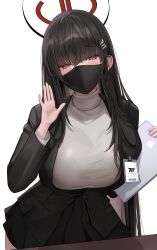 Rule 34 | 1girl, absurdres, black hair, black jacket, black mask, black skirt, blazer, blue archive, blush, breasts, halo, highres, holding, holding tablet pc, id card, jacket, large breasts, looking at viewer, manus (manuspupa), mask, mouth mask, red eyes, rio (blue archive), skirt, solo, sweater, tablet pc, white sweater