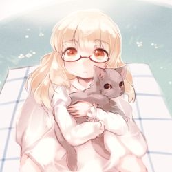 Rule 34 | 1girl, animal, black cat, blonde hair, cat, dress, glasses, holding, holding animal, long hair, long sleeves, looking at viewer, okayu (headless), open mouth, orange eyes, perrine h. clostermann, puffy long sleeves, puffy sleeves, red-framed eyewear, semi-rimless eyewear, solo, strike witches, under-rim eyewear, white dress, world witches series
