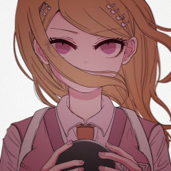 Rule 34 | 1girl, ahoge, akamatsu kaede, blonde hair, breasts, collared shirt, commentary request, danganronpa (series), danganronpa v3: killing harmony, fortissimo, hair ornament, hair over mouth, hands up, highres, holding, large breasts, long hair, long sleeves, looking at viewer, musical note, musical note hair ornament, necktie, nerine fujikawa, orange necktie, pink vest, portrait, serious, shirt, simple background, solo, vest, white background, white shirt