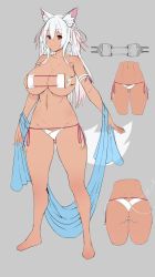 Rule 34 | animal ears, ass, bikini, breasts, character sheet, concept art, dark skin, fox ears, highres, large breasts, mimoza (96mimo414), multiple views, red eyes, swimsuit, white hair