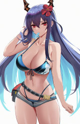 Rule 34 | 1girl, absurdres, arknights, bare arms, bare shoulders, bikini, bikini under clothes, blue bikini, blue hair, breasts, ch&#039;en (arknights), ch&#039;en the holungday (arknights), ch&#039;en the holungday (elite ii) (arknights), cleavage, collarbone, colored inner hair, commentary, cowboy shot, dragon horns, duplicate, eternity (shadeh), flower, food, food in mouth, front-tie bikini top, front-tie top, grey shorts, hair between eyes, hair flower, hair ornament, halterneck, hand in own hair, hand up, highleg, highleg bikini, highres, horns, large breasts, long hair, looking at viewer, mouth hold, multi-strapped bikini, multicolored hair, navel, official alternate costume, pixel-perfect duplicate, popsicle, red eyes, red flower, short shorts, shorts, simple background, solo, standing, stomach, string bikini, swimsuit, very long hair, white background