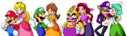 Rule 34 | 4boys, 4girls, blue eyes, breasts, brown hair, captain syrup, coin, couple, crown, dress, earrings, elbow gloves, facial hair, fat, fat man, flower, gem, gloves, green hair, hand on head, hand on shoulder, hat, highres, jewelry, long hair, long image, luigi, mario, mario (series), money, multiple boys, multiple girls, mustache, nakagawa rui, nintendo, pirate, princess, princess daisy, princess peach, queen, queen merelda, red hair, rose, simple background, skull, super mario bros. 1, super mario land, suspenders, sweatdrop, tongue, tongue out, waluigi, wario, wario land, wario land: shake it!, white background, wide image