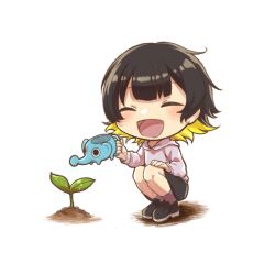 Rule 34 | 1boy, bachira meguru, black footwear, black hair, black shorts, blonde hair, blue lock, blush, chibi, closed eyes, commentary request, full body, grey hoodie, highres, holding, holding watering can, hood, hood down, hoodie, long sleeves, male focus, multicolored hair, open mouth, plant, shoes, short hair, shorts, simple background, smile, socks, solo, squatting, two-tone hair, water, watering, watering can, white background, zume chun