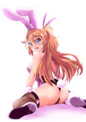 Rule 34 | 1girl, :d, absurdres, animal ears, ass, backless leotard, bare arms, blue eyes, breasts, fake animal ears, fake tail, feet out of frame, fishnet thighhighs, fishnets, from behind, hair between eyes, hair ribbon, hairband, highres, houjou hibiki, large breasts, leotard, open mouth, pink hairband, pink ribbon, playboy bunny, precure, purple leotard, rabbit ears, rabbit tail, ribbon, sideboob, smile, solo, strapless, strapless leotard, suite precure, tail, thighhighs, tirofinire, twintails, white background, wrist cuffs
