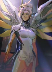 Rule 34 | 1girl, animification, black gloves, blonde hair, blue eyes, bodysuit, breasts, cowboy shot, gloves, hair behind ear, highres, looking to the side, looking up, mechanical wings, medium breasts, mercy (overwatch), overwatch, overwatch 2, parted bangs, ponytail, smile, solo, thundergotch, white bodysuit, wings
