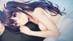 Rule 34 | 1boy, 1girl, ayase hazuki, bang (gesture), bed, bedroom, black eyes, black hair, black shirt, blanket, blush, breasts, clothed male nude female, finger gun, game cg, hand on another&#039;s head, highres, hooksoft, large breasts, long hair, lying, lying on person, nude, on bed, on side, sakurazaka yuzuki, shirt, smile, under covers, yubisaki connection
