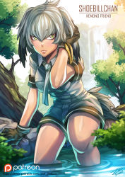 Rule 34 | 10s, 1girl, artist name, bare arms, bare legs, belt, bird tail, bird wings, black gloves, black hair, breasts, character name, collared shirt, commentary, copyright name, day, feathered wings, gloves, grey necktie, grey shirt, grey shorts, head wings, highres, kemono friends, long hair, looking at viewer, low ponytail, multicolored hair, necktie, no legwear, orange hair, outdoors, partially submerged, patreon, patreon username, pocket, shirt, shoebill (kemono friends), short sleeves, shorts, side ponytail, signature, silver hair, silver necktie, silver shirt, silver shorts, solo, tail, tree, wading, water, watermark, web address, wings, yellow eyes, zen (jirakun)