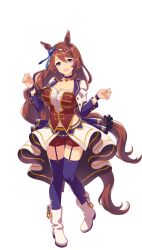 Rule 34 | 1girl, :d, animal ears, blue eyes, boots, breasts, brown hair, highres, horse ears, horse girl, horse tail, jacket, large breasts, long hair, looking at viewer, midriff, official art, open mouth, purple thighhighs, red shorts, shorts, simple background, smile, solo, starting future (umamusume), super creek (umamusume), tail, thighhighs, transparent background, umamusume, very long hair, white footwear, white jacket
