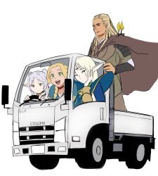 Rule 34 | 1boy, 3girls, :d, absurdres, blonde hair, brown cape, cape, crossover, deedlit, driving, dungeon meshi, elf, frieren, green eyes, grey hair, highres, isekai truck, isuzu elf, isuzu motors, legolas, marcille donato, meke (77842928), motor vehicle, multiple crossover, multiple girls, name connection, open mouth, pointy ears, quiver, record of lodoss war, simple background, smile, sousou no frieren, the lord of the rings, tolkien&#039;s legendarium, tolkien's legendarium, truck, white background