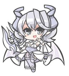 Rule 34 | 1girl, blush stickers, breasts, cleavage, commentary request, demon girl, demon horns, demon wings, detached collar, dress, drill hair, duel monster, earrings, full body, garter straps, grey eyes, grey hair, halberd, highres, holding, holding polearm, holding weapon, horns, jewelry, looking at viewer, lovely labrynth of the silver castle, medium breasts, medium hair, ojou-sama pose, oquri, pointy ears, polearm, see-through, see-through dress, simple background, solo, standing, standing on one leg, thighhighs, twin drills, weapon, white background, white dress, white thighhighs, wings, yu-gi-oh!