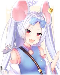 Rule 34 | 1girl, animal, animal ears, aqua dress, blue archive, bow, breasts, caffeinechara, china dress, chinese clothes, detached sleeves, dress, ear tag, hair ornament, hair ribbon, halo, highres, long hair, looking at viewer, mouse (animal), mouse ears, mouse girl, nezusuke (blue archive), red eyes, ribbon, saya (blue archive), silver hair, small breasts, vial, yellow background