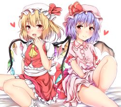 Rule 34 | 2girls, :d, bat wings, between legs, blonde hair, closed mouth, commentary request, fangs, feet out of frame, flandre scarlet, foot out of frame, frilled shirt collar, frilled skirt, frills, gem, hand between legs, hat, hat ribbon, heart, highres, knee up, light purple hair, looking at viewer, mob cap, multiple girls, one side up, open mouth, pikacchi, pink shirt, pink skirt, red eyes, red hair, red ribbon, red skirt, red vest, remilia scarlet, ribbon, ribbon-trimmed skirt, ribbon-trimmed sleeves, ribbon trim, sash, shirt, short hair, short sleeves, siblings, simple background, sisters, sitting, skirt, smile, touhou, vest, white background, white legwear, white shirt, wings, yellow neckwear