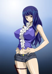 Rule 34 | 1girl, armpits, blue hair, breasts, ein (one piece), gradient background, hands on own hips, highres, large breasts, legs, long hair, looking at viewer, navel, nel-zel formula, one piece, one piece film: z, red eyes, scar, short shorts, shorts, simple background, solo, standing, thighs