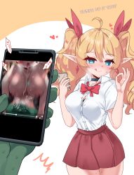 Rule 34 | 1girl, absurdres, ahoge, blonde hair, blue eyes, blush, breasts, cellphone, cellphone photo, charlotte (evangeline), colored skin, earrings, elf, girl on top, green skin, hair ribbon, handjob gesture, heart, heart-shaped pupils, highres, jewelry, large breasts, naughty face, necklace, ok sign, orc, original, phone, photo comparison, pleated skirt, pointy ears, rayno, red ribbon, red skirt, ribbon, riding, school uniform, seductive smile, sex, shirt, skirt, smile, sweatdrop, symbol-shaped pupils, twintails, white shirt