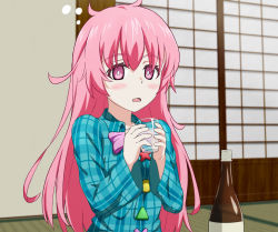 Rule 34 | 1girl, alcohol, blue shirt, blush, bottle, bow, bowtie, breasts, buttons, circle, collared shirt, commentary request, cross, door, drunk, floor, glass, hair between eyes, hands up, hata no kokoro, highres, indoors, kbal98, long hair, long sleeves, looking to the side, medium breasts, no headwear, open mouth, pink eyes, pink hair, plaid, plaid shirt, purple bow, purple bowtie, sake, shirt, sliding doors, solo, squeans, star (symbol), touhou, triangle, wall