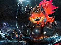 Rule 34 | 1boy, 1girl, absurdres, armlet, ass, bent over, black skin, blank eyes, bowser jr., bowsette, bracelet, breasts, breath weapon, breathing fire, clothed male nude female, cloud, cloudy sky, collar, colored skin, electricity, fingernails, fire, fury bowser, giant, giantess, glowing, glowing eyes, glowing mouth, hanging breasts, hat, highres, horns, huge ass, huge breasts, jewelry, junior clown car, kaijuu, large areolae, large nipples, lightning, long hair, long sleeves, looking at another, mario, mario (series), monster girl, new super mario bros. u deluxe, nintendo, nude, ocean, outdoors, overalls, rain, red hair, sharp fingernails, shiny skin, size difference, sky, solo focus, spiked armlet, spiked bracelet, spiked collar, spiked tail, spikes, standing, storm, super crown, super mario 3d world, sweater, tail, tudduls, turtle shell, water, water drop, waves, wet
