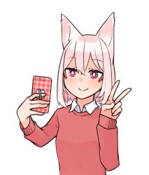 Rule 34 | 1girl, animal ear fluff, animal ears, blush, cellphone, closed mouth, collared shirt, commentary request, facial mark, hair between eyes, hands up, holding, holding phone, long sleeves, original, phone, pink hair, red eyes, red sweater, selfie, shako (syakoba3), shirt, simple background, sleeves past wrists, smile, solo, sweater, upper body, white background, white shirt