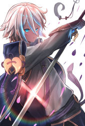 Rule 34 | 1boy, blouse, blue eyes, falling petals, fate/grand order, fate (series), floating, gauntlets, glint, gloves, grey shirt, hair between eyes, highres, holding, holding sword, holding weapon, looking at viewer, male focus, parted lips, pasoputi, petals, prince of lan ling (fate), shirt, short hair, silver hair, simple background, solo, standing, sword, tagme, weapon, white background
