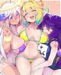 Rule 34 | 3girls, :d, ahoge, amo takumi, anniversary, aqua eyes, asymmetrical docking, bare shoulders, bikini, blue eyes, blue one-piece swimsuit, blush, body blush, bombergirl, bracelet, breast press, breasts, breasts apart, cleavage, closed mouth, collarbone, colored inner hair, cowboy shot, curvy, drooling, english text, eyepatch bikini, fang, flower-shaped pupils, hair between eyes, hair bobbles, hair intakes, hair ornament, halo, halterneck, hand on another&#039;s shoulder, hand on another&#039;s thigh, hand up, heterochromia, highres, hug, huge breasts, jewelry, long hair, looking at viewer, medium hair, messy hair, micro bikini, multicolored hair, multiple girls, navel, one-piece swimsuit, open mouth, orange background, papuru (bombergirl), pine (bombergirl), polka dot, polka dot background, prune (bombergirl), purple bikini, purple hair, raised eyebrows, red eyes, school swimsuit, signature, silver hair, smile, smug, streaked hair, striped bikini, striped clothes, sweat, sweatdrop, swimsuit, symbol-shaped pupils, take your pick, tan, tanline, thighs, two-tone hair, unaligned breasts, wavy mouth, yellow bikini, yellow eyes