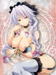 Rule 34 | 10s, 1girl, ass, bare shoulders, bra, bra pull, braid, breasts, clothes pull, collarbone, garter straps, grayfia lucifuge, grey thighhighs, hair ornament, hair ribbon, high school dxd, highres, large breasts, long hair, looking at viewer, miyama-zero, navel, nipples, official art, pink ribbon, red eyes, ribbon, shiny skin, silver hair, smile, solo, thighhighs, underwear