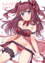 Rule 34 | 10s, 1girl, :q, babydoll, bad id, bad pixiv id, bead bracelet, beads, blue eyes, bow, bracelet, breasts, bridal garter, character name, chobi (penguin paradise), cleavage, closed mouth, frilled panties, frills, hair bow, ichinose shiki, idolmaster, idolmaster cinderella girls, jewelry, large breasts, lingerie, long hair, looking at viewer, panties, purple hair, red panties, simple background, sitting, solo, sparkle, tongue, tongue out, two side up, underwear, white background