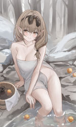 Rule 34 | 1girl, absurdres, bare arms, bare legs, bare shoulders, black bow, blue archive, blush, bow, breasts, brown eyes, brown hair, bucket, chinatsu (blue archive), chinatsu (hot spring) (blue archive), cleavage, closed mouth, collarbone, day, elf, food, fruit, groin, hair bow, hair over shoulder, highres, large breasts, looking at viewer, low ponytail, mandarin orange, nagata gata, naked towel, onsen, outdoors, pointy ears, rock, sitting, smile, soaking feet, solo, towel, wooden bucket