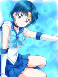 Rule 34 | 1girl, arm support, bishoujo senshi sailor moon, blue bow, blue eyes, blue hair, blue sailor collar, blue theme, bow, choker, circlet, gloves, head tilt, looking at viewer, maruki (punchiki), matching hair/eyes, mizuno ami, official style, outstretched arm, sailor collar, sailor mercury, sailor senshi, short hair, skirt, smile, solo, white gloves
