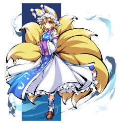 Rule 34 | 1girl, animal hat, ankle socks, blonde hair, detached sleeves, dress, fox tail, frilled skirt, frills, full body, hands in opposite sleeves, hat, hat with ears, light particles, light smile, looking at viewer, mob cap, ms06s, multiple tails, mob cap, red eyes, short hair, skirt, socks, solo, tabard, tail, tassel, touhou, two-tone background, yakumo ran