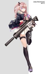 Rule 34 | 1girl, asymmetrical legwear, bad id, bad pixiv id, bare shoulders, black gloves, black pantyhose, blue eyes, cancell, closed mouth, dress, fingerless gloves, full body, girls&#039; frontline, gloves, gun, highres, holding, holding gun, holding weapon, jacket, looking at viewer, open clothes, open jacket, pantyhose, pink hair, rifle, short dress, side ponytail, single leg pantyhose, solo, st ar-15 (girls&#039; frontline), uneven legwear, weapon, white dress