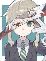 Rule 34 | 1boy, 1girl, black jacket, blonde hair, caddy cyd, collared shirt, diagonal-striped clothes, diagonal-striped necktie, gloves, green eyes, highres, jacket, long hair, looking at viewer, maka albarn, necktie, portrait, red eyes, reflection, scythe, shirt, simple background, smile, soul eater, soul evans, striped clothes, twintails, v over eye, white gloves, white hair, white shirt