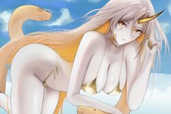 Rule 34 | 1girl, alternate costume, animal, ass, bare shoulders, bikini, blonde hair, breasts, cloud, cloudy sky, feet out of frame, fire emblem, fire emblem heroes, forehead jewel, giant snake, gold bikini, gold horns, grey hair, gullveig (fire emblem), hanging breasts, highres, horns, large breasts, leaning forward, long hair, looking at viewer, mature female, multicolored hair, nephing, nintendo, outdoors, oversized animal, pale skin, single horn, sky, smile, snake, snake hair, solo, sunglasses, swimsuit, thighs, two-tone hair, very long hair, yellow eyes, yellow horns