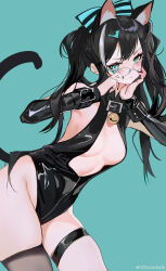 Rule 34 | 1girl, absurdres, animal ear fluff, animal ears, aqua eyes, bell, black hair, black nails, black thighhighs, blush, bow, breasts, cat ears, cat girl, cat tail, closed mouth, clothing cutout, commentary, detached sleeves, fingernails, glasses, grandia lee, hair bow, hair ornament, hairclip, highres, leotard, long hair, looking at viewer, medium breasts, multicolored hair, nail polish, original, sharp fingernails, simple background, single thighhigh, solo, streaked hair, tail, thigh strap, thighhighs, twintails, weibo logo, weibo watermark, white hair