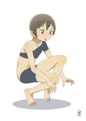 Rule 34 | 1girl, barefoot, bike shorts, blue eyes, brown hair, child, feet, female focus, flat chest, midriff, navel, open mouth, original, satsuyo, short hair, simple background, solo, squatting, tiptoes, toes, tomboy, white background